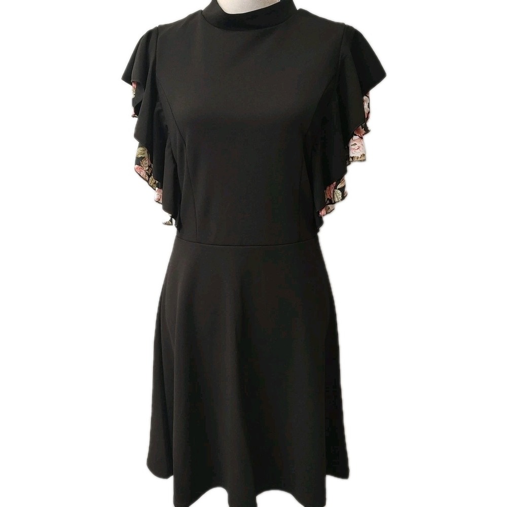 Nina Leonard Black Floral Ruffle Sleeve Fit & Flare Dress Women's Sz Medium